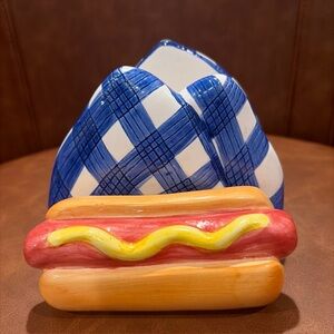Vintage Lotus 1998 Napkin Holder Hot Dog Blue And White Plaid Summertime Bbq